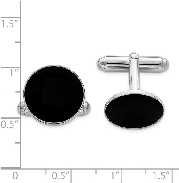 Italian Rhodium-Plated Sterling Silver and Black Round Cuff Links, 16 Millimeters