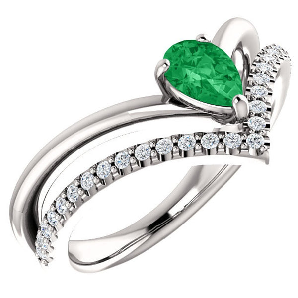 Emerald Pear and Diamond Chevron Sterling Silver Ring (.145 Ctw, G-H Color, I1 Clarity), Size 7.5