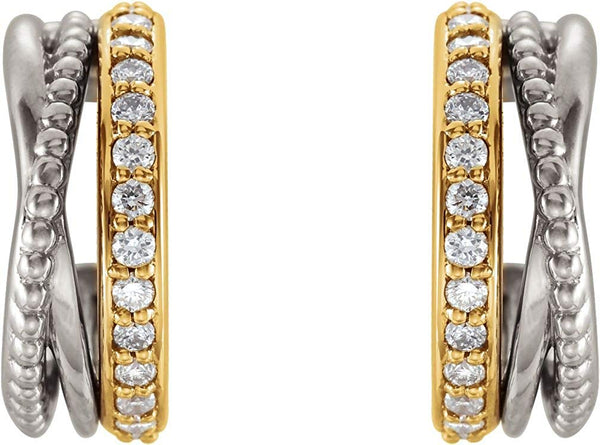 Diamond Beaded Hoop Earrings, Rhodium-Plated 14k Yellow and White Gold (0.2 Ctw, G-H Color, I1 Clarity)