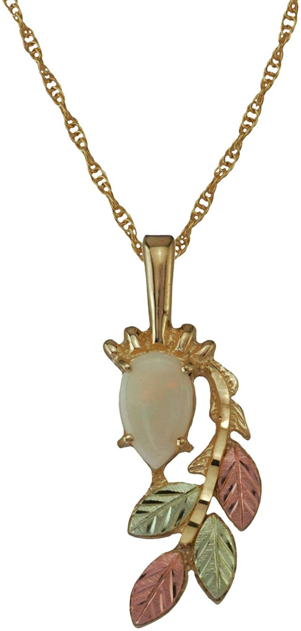 Opal Cabochon Pear Pendant Necklace, 10k Yellow Gold, 12k Green and Rose Gold Black Hills Gold Motif, 18"