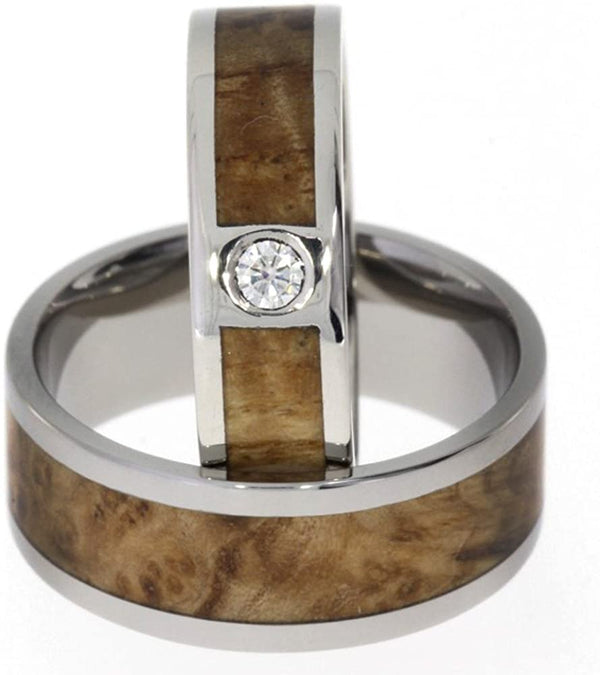 Diamond Solitaire, Black Ash Burl Engagement Ring, Black Ash Burl Titanium Band, His and Hers Wedding Band Set, M10-F4
