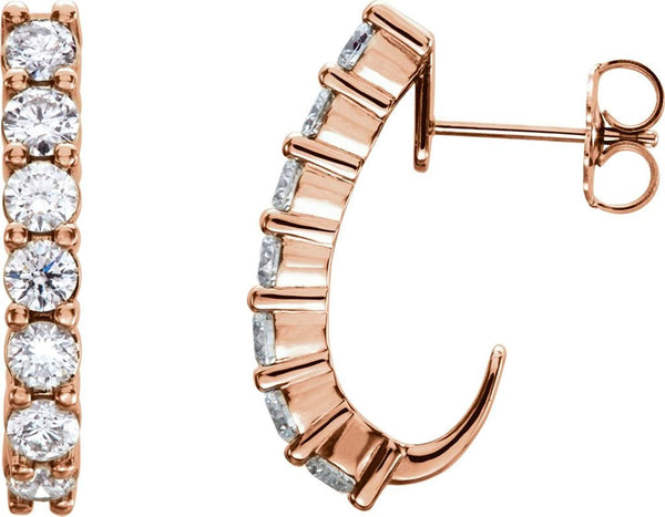Diamond J-Hoop Earrings, 14k Rose Gold (1 3/8 Ctw, Color G-H, Clarity I1)