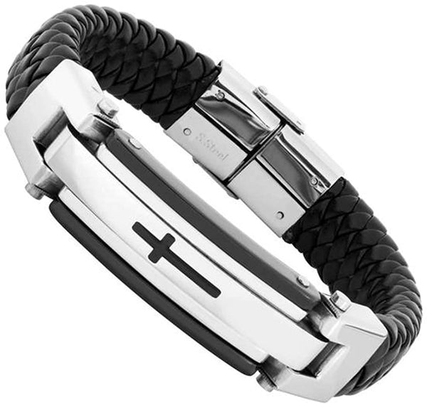 Men's Petite Cross with Black Leather Bracelet, Stainless Steel, 8.5"