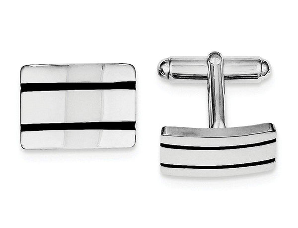 Rhodium-Plated Sterling Silver Black Enameled Square Cuff Links, 19X15MM