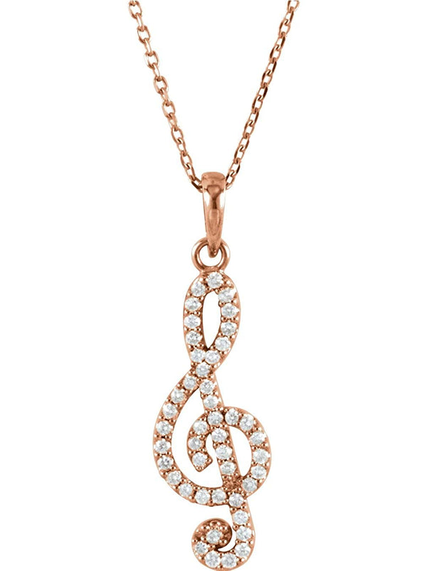 Petite Diamond Treble Clef 14k Rose Gold Pendant Necklace, 16" (.25 Cttw)
