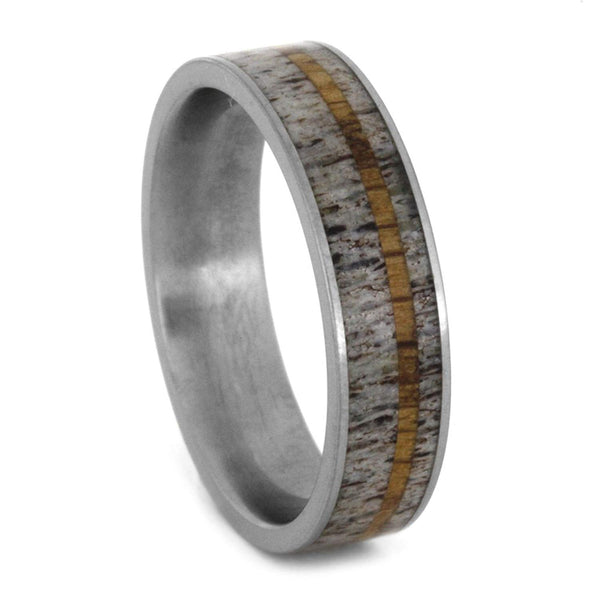 Deer Antler, Oak Wood Pinstripe 9mm Comfort-Fit Titanium Wedding Band, Size 10.25
