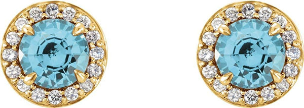 Blue Zircon and Diamond Halo-Style Earrings, 14k Yellow Gold (4.5MM) (.16 Ctw, G-H Color, I1 Clarity)