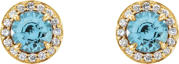 Blue Zircon and Diamond Halo-Style Earrings, 14k Yellow Gold (4MM) (.16 Ctw, G-H Color, I1 Clarity)