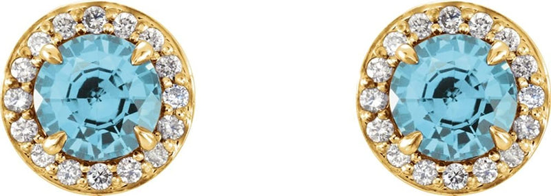 Blue Zircon and Diamond Halo-Style Earrings, 14k Yellow Gold (4MM) (.16 Ctw, G-H Color, I1 Clarity)
