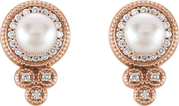 White Freshwater Cultured Pearl and Diamond Earrings, 14k Rose Gold (5-5.5MM) (0.2 Ctw, G-H Color, I1 Clarity)
