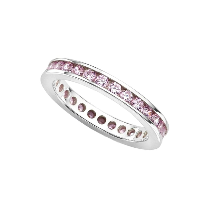Pink CZ Mirror Polished Rhodium Plated Sterling Silver Eternity Ring