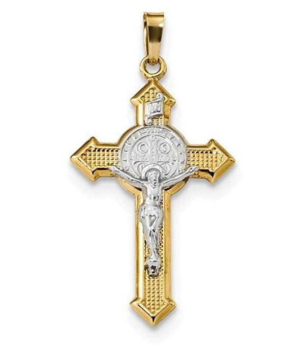 Rhodium-Plated 14k Yellow and White Gold Two-tone St. Benedict Medal INRI Crucifix Pendant (32X19MM)