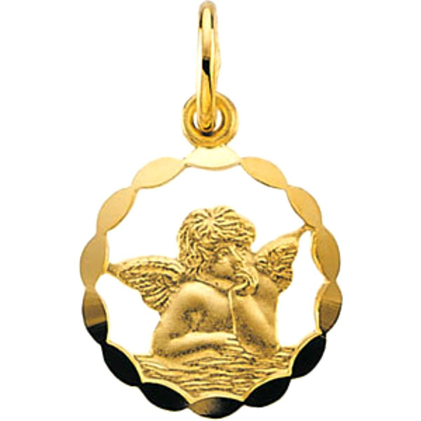 Round 14k Yellow Gold Angel Medal in Scalloped Frame