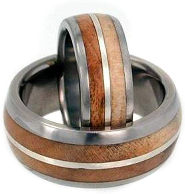 Maple Wood, Sterling Silver Comfort Fit Titanium Couples Wedding Band Set Size, M8-F7