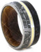 Dinosaur Bone, Gibeon Meteorite, Titanium, 14k Yellow Gold 10mm Comfort-Fit Whiskey Barrel Oak Wood Band, Size 14