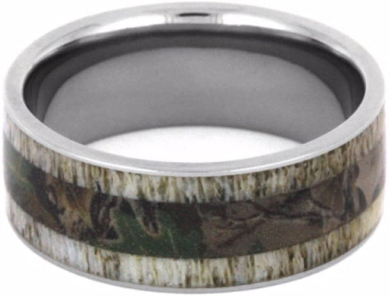 Camouflage Print and Deer Antler 9mm Comfort-Fit Titanium Wedding Band, Size 6.5