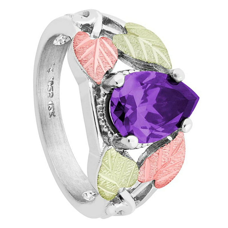 Pear Amethyst CZ Ring, Sterling Silver, 12k Green and Rose Gold Black Hills Gold Motif, Size 8.25