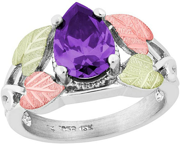 Pear Amethyst CZ Ring, Sterling Silver, 12k Green and Rose Gold Black Hills Gold Motif, Size 9.25