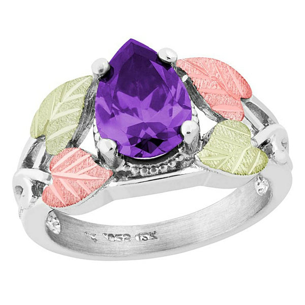 Pear Amethyst CZ Ring, Sterling Silver, 12k Green and Rose Gold Black Hills Gold Motif, Size 8.25