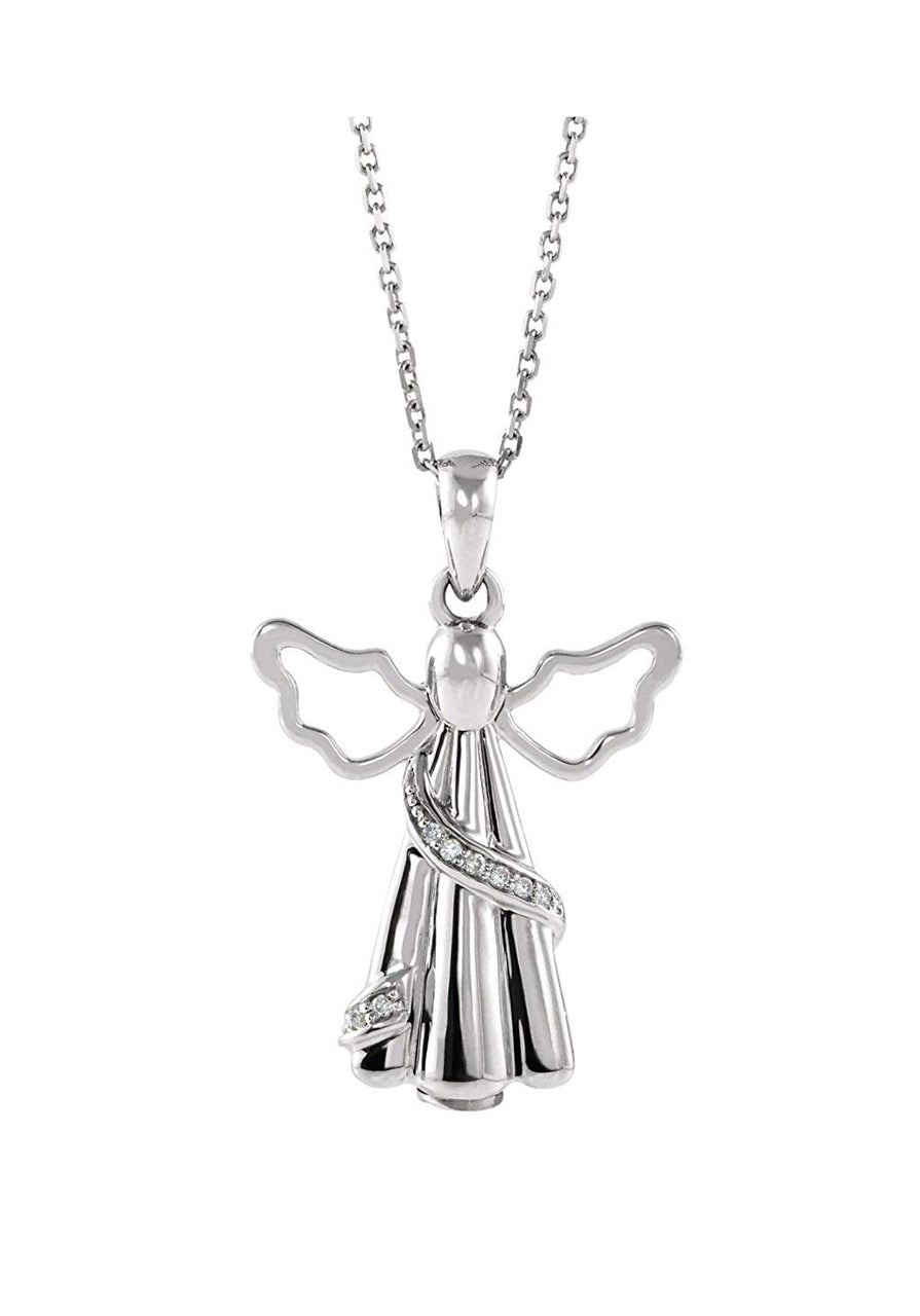 Diamond Angel Ash Holder Pendent Rhodium-Plated 10k White Gold Necklace, 18" (26.50X17.00 MM) (.03 CTW)