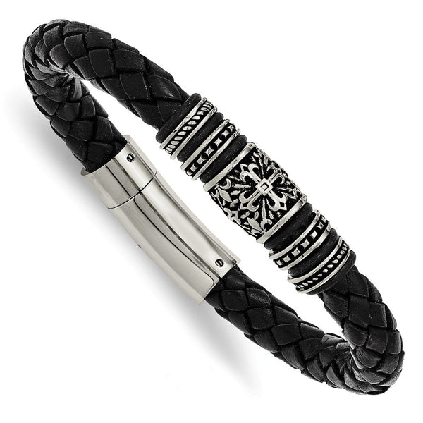 Men's Antiqued and Polished Stainless Steel with Rubber Black Leather Bracelet, 8.5"