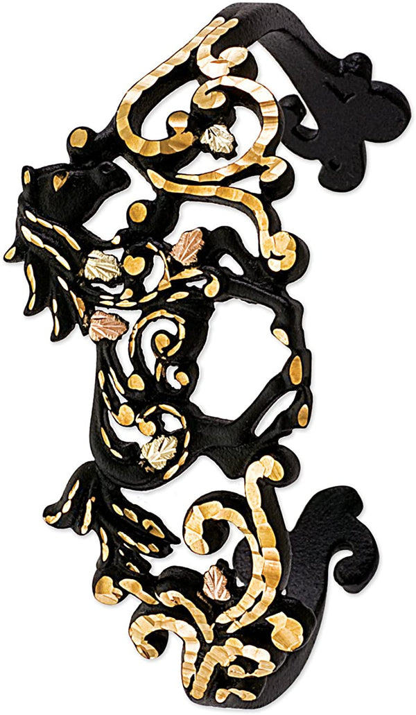 Black Powder Coat Horse Cuff Bracelet, 10k Yellow Gold, 12k Gold Black Hills Gold Motif, 7"