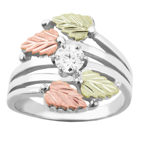 Ave 369 Cubic Zirconia and Leaves Bypass Ring, Sterling Silver, Sterling Silver, 12k Green and Rose Gold Black Hills Gold Motif