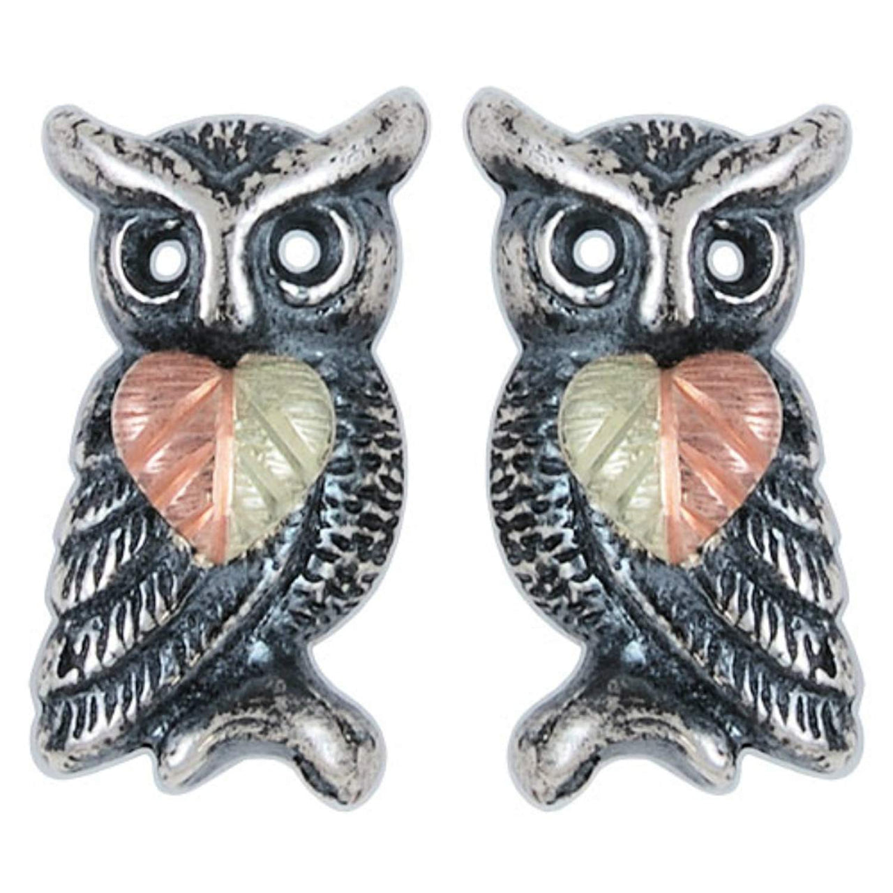 Oxidized Owl Leaf Earrings, Sterling Silver, 12k Green and Rose Gold Black Hills Gold Motif