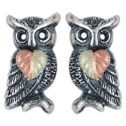 Oxidized Owl Leaf Earrings, Sterling Silver, 12k Green and Rose Gold Black Hills Gold Motif