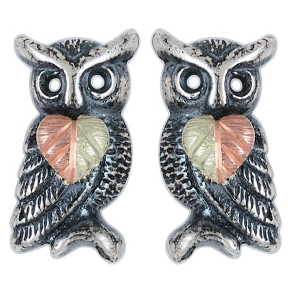 Oxidized Owl Leaf Earrings, Sterling Silver, 12k Green and Rose Gold Black Hills Gold Motif