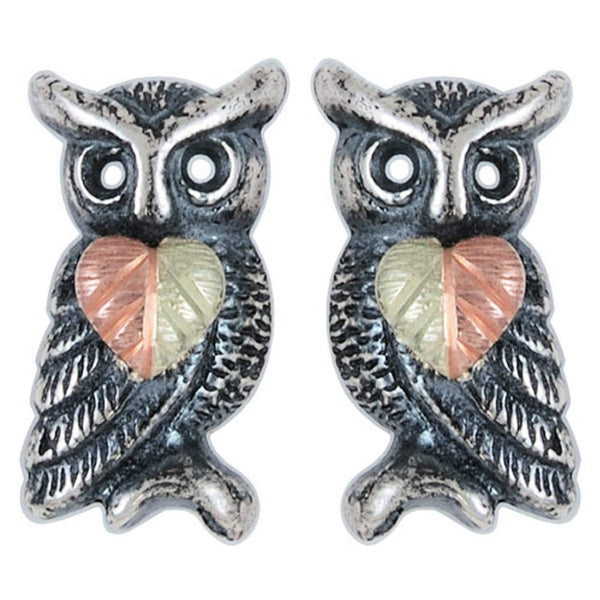 Oxidized Owl Leaf Earrings, Sterling Silver, 12k Green and Rose Gold Black Hills Gold Motif