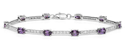 Oval Purple CZ and White CZ Rhodium Plated Sterling Silver Link Bracelet, 7.75 "