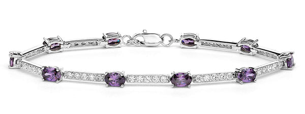 Oval Purple CZ and White CZ Rhodium Plated Sterling Silver Link Bracelet, 7.75 "