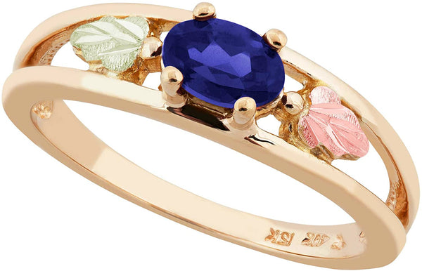Oval Created Blue Sapphire Ring, 10k Yellow Gold, 12k Green and Rose Gold Black Hills Gold Motif, Size 9