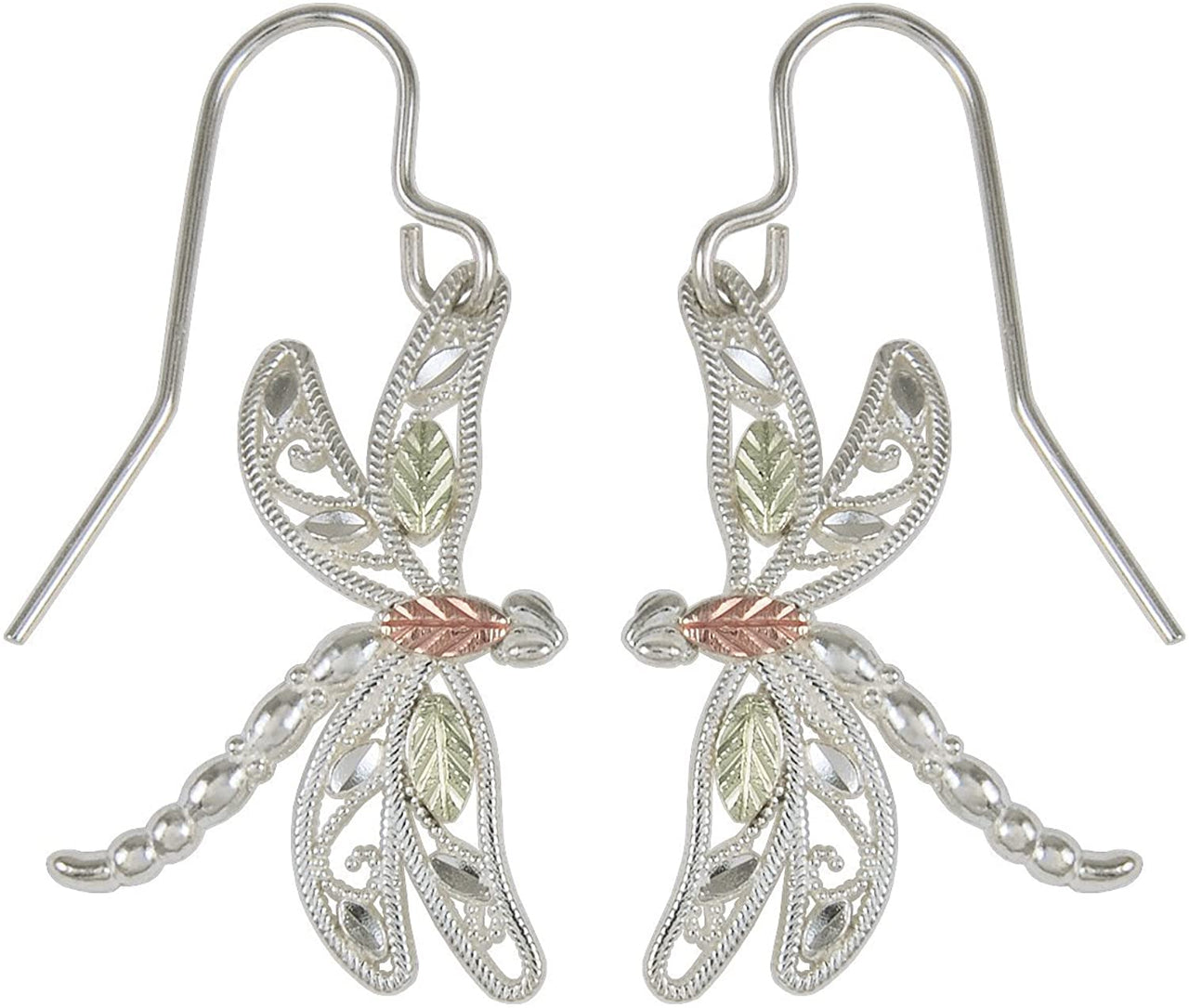 Dragonfly Earrings, Sterling Silver, 12k Green and Rose Gold Black Hills Gold Motif