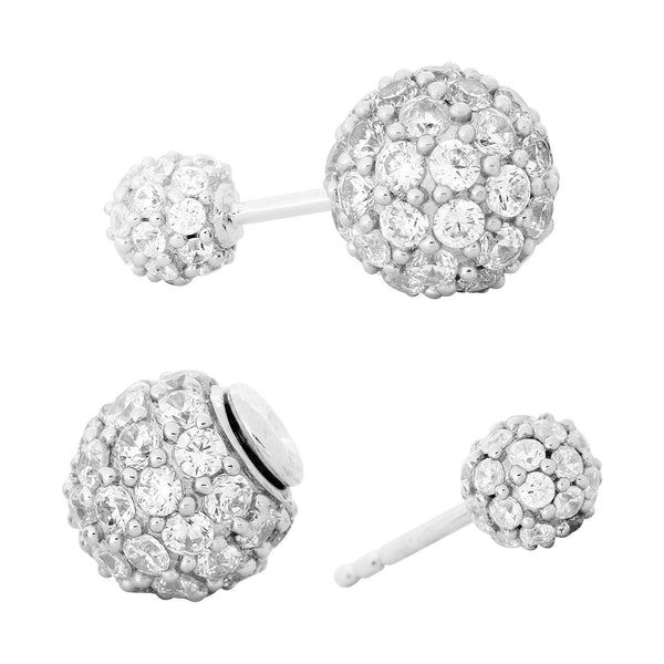 CZ Double-Sided, Double Ball Rhodium Plated Sterling Silver Stud Earrings