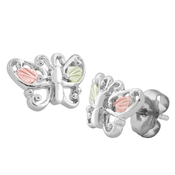 Diamond-Cut Butterfly Earrings, Sterling Silver, 12k Green and Rose Gold Black Hills Gold Motif
