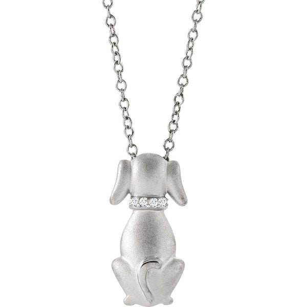 Dog with Diamond Collar Rhodium Plated Sterling Silver Necklace, 18" with Charm Pet Collar Tag