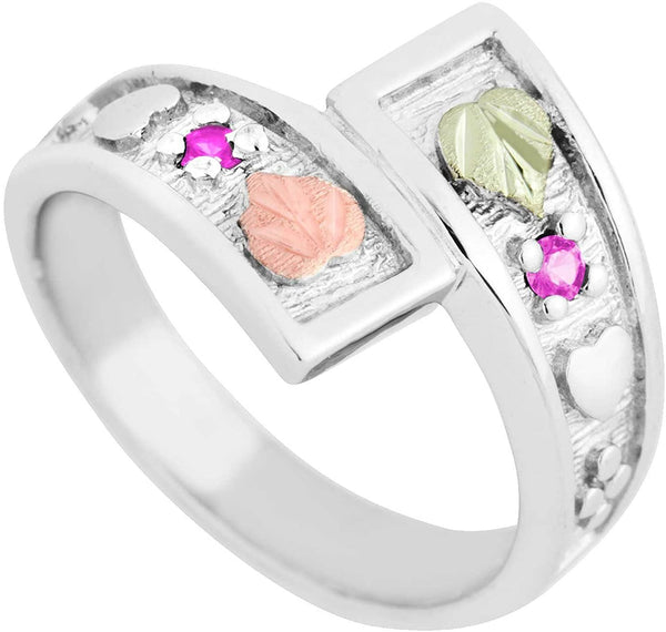 October Birthstone Created Rose Zircon Bypass Ring, Sterling Silver, 12k Green and Rose Gold Black Hills Silver Motif, Size 9.5