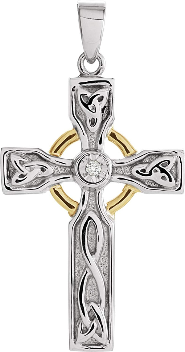 Diamond Halo Celtic Cross Rhodium-Plated Sterling Silver and 10k Yellow Gold Pendant (.01 Ct, I-J Color, I3 Clarity)