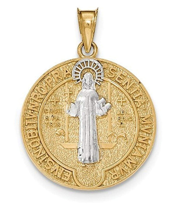 Rhodium-Plated 14k Yellow Gold Circle St. Benedict Medal Pendant