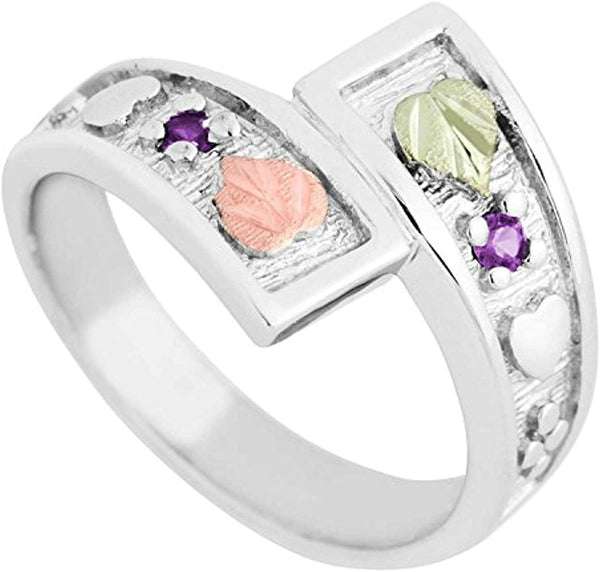February Birthstone Created Soude Amethyst Bypass Ring, Sterling Silver, 12k Green and Rose Gold Black Hills Silver Motif, Size 9.5