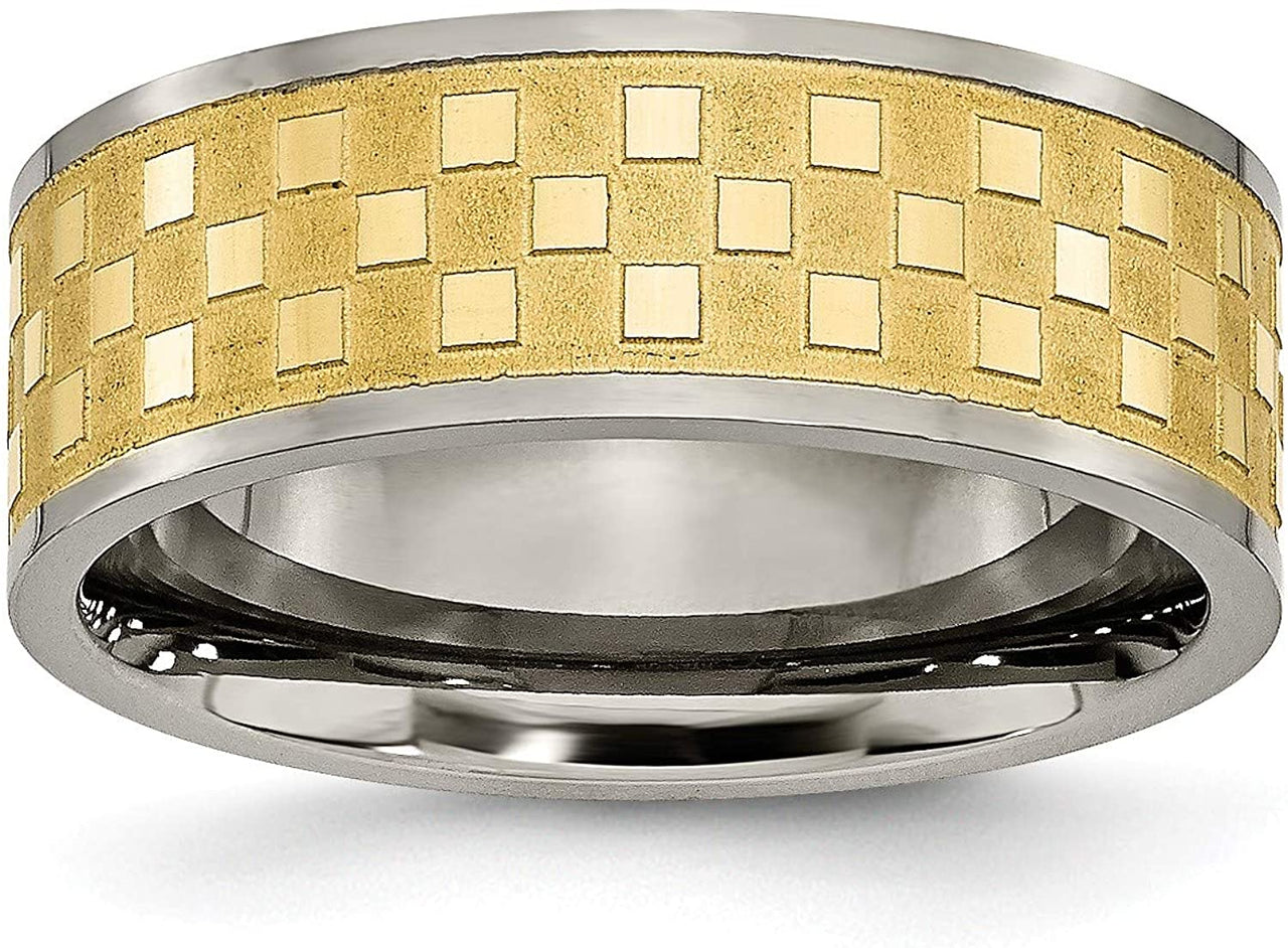 Brushed Grey Titanium Yellow IP 8mm Satin Checkered Flat Band, Size 10.5