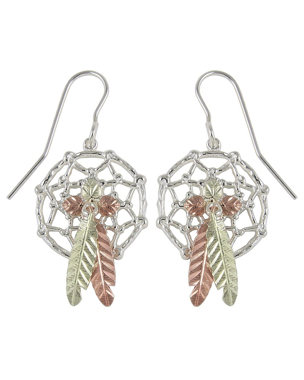 Dream Catcher Earrings, Sterling Silver, 12k Green and Rose Gold Black Hills Gold Motif