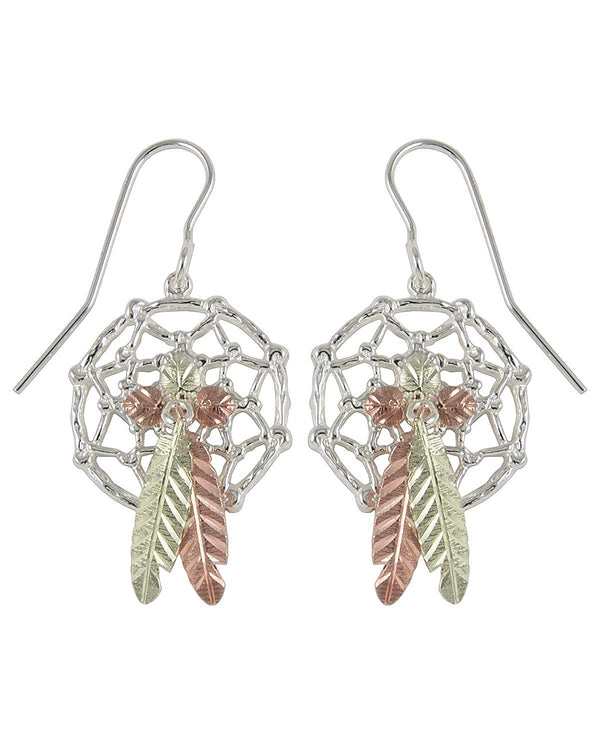 Dream Catcher Earrings, Sterling Silver, 12k Green and Rose Gold Black Hills Gold Motif