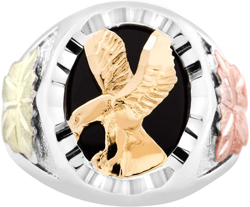 Men's 10k Yellow Gold Eagle and Onyx Ring, Sterling Silver, 12k Green and Rose Gold Black Hills Gold Motif, Size 11.25