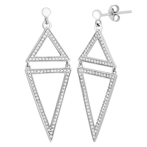 Open-Cut CZ Triangle Rhodium Plated Sterling Silver Dangle Earrings