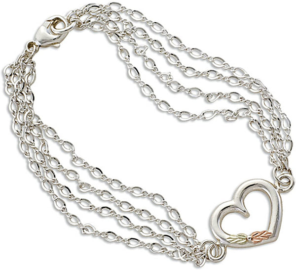 Four Chain with Heart Bracelet, Sterling Silver, 12k Green and Rose Gold Black Hills Gold Motif, 6.75"