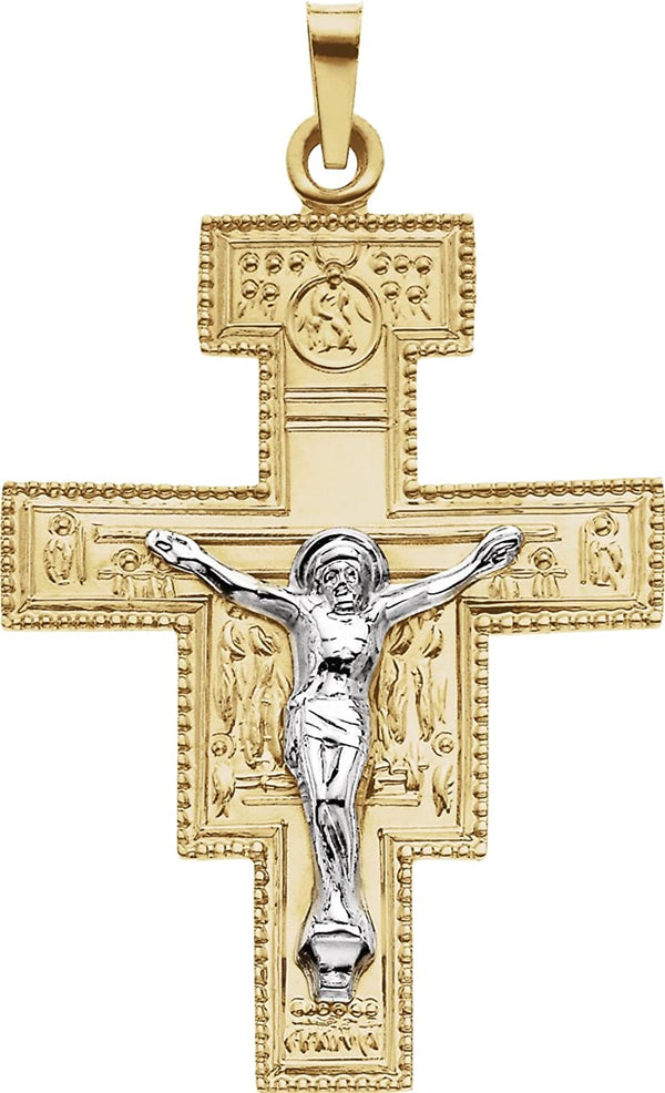 Two-Tone San Damiano Crucifix 14k Yellow and White Gold Pendant(33X25MM)