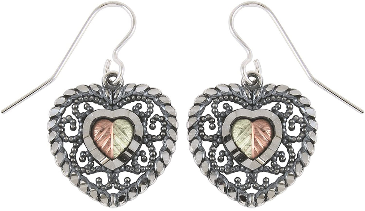 Oxidized Filigree Heart Earrings, Sterling Silver, 12k Green and Rose Gold Black Hills Gold Motif